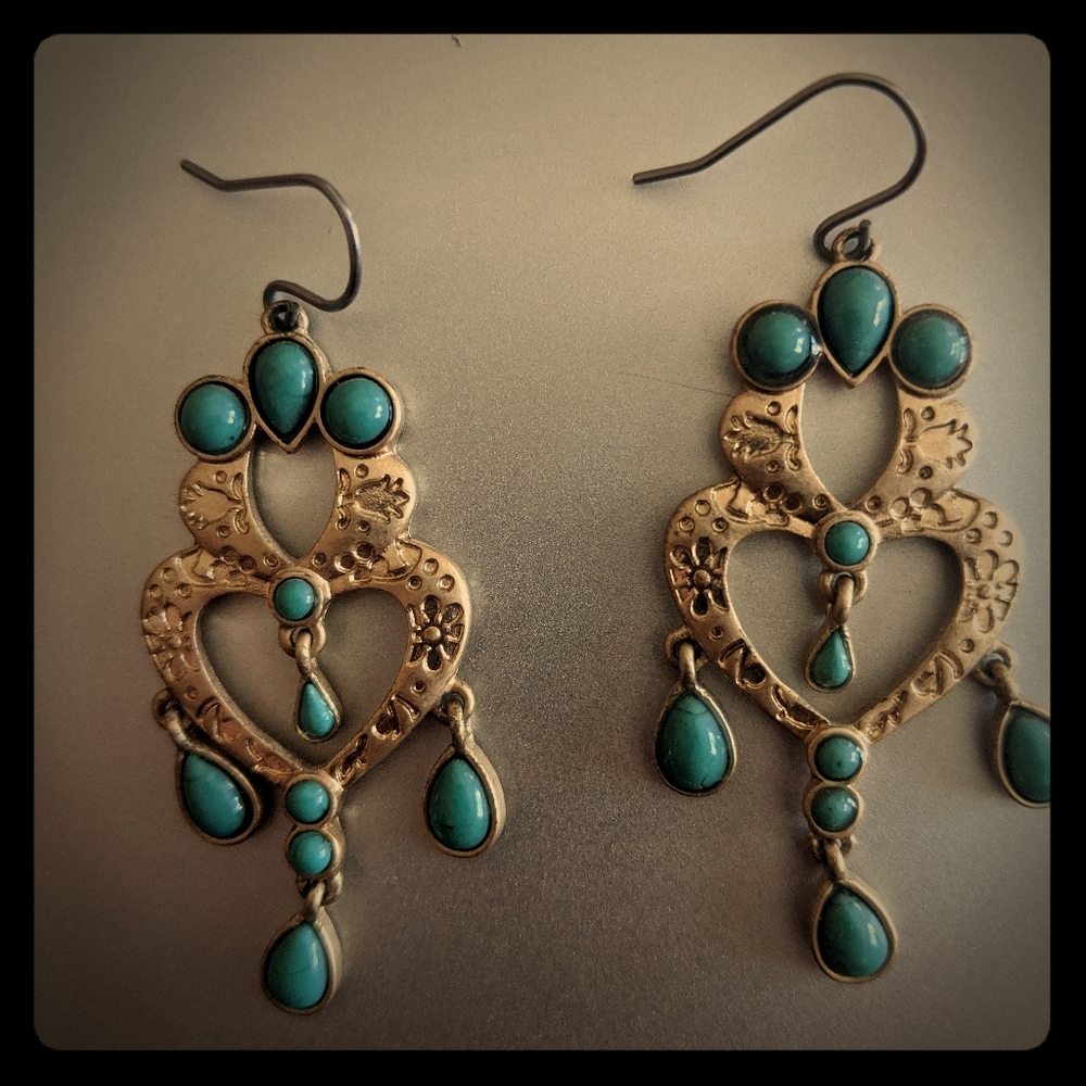 Chandelier earrings, gold and turquoise